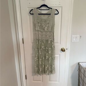 Sundance Sage Green Sheer Lace Embroidered Midi Overlay Dress Size 6